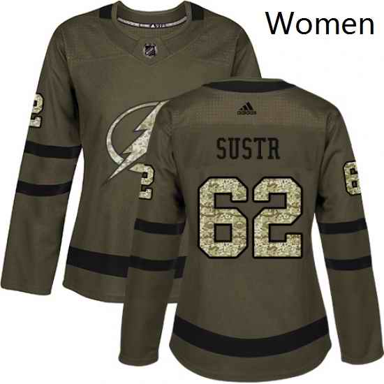 Womens Adidas Tampa Bay Lightning 62 Andrej Sustr Authentic Green Salute to Service NHL Jersey